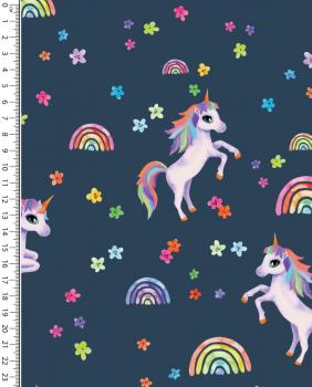 B-Ware Baumwolljersey bunte Mini Blüten, Regenbögen und Einhörner auf Dunkelblau